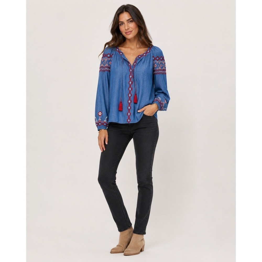 Style & Co Button Front Shirt XS Blue White Red Chambray Embroidered‎ Tassles